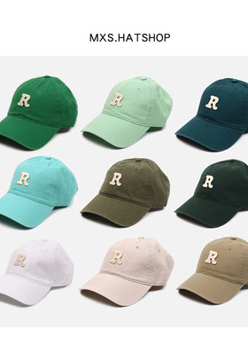 韩国R字母棒球帽子女百搭绿色显白修饰脸型全棉软顶鸭舌帽男潮