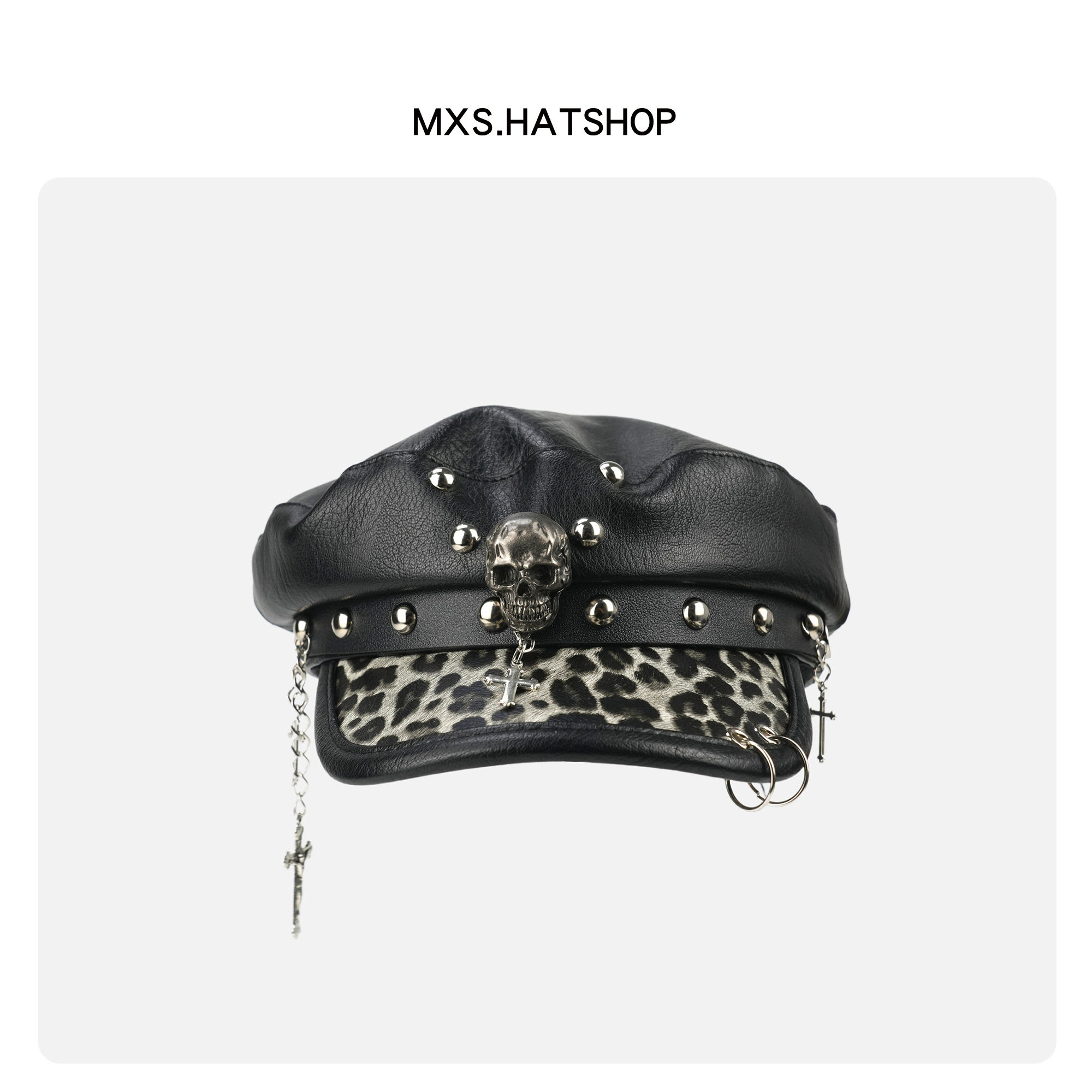 美式复古豹纹铆钉皮质八角帽女亚文化朋克风显脸小报童贝雷帽子潮