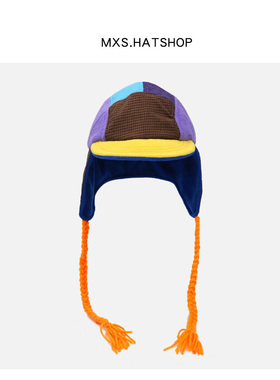 潮酷拼接混色辫子鸭舌护耳帽女个性小众紫色冷帽加绒保暖雷锋帽男