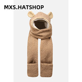 冬季 新款 小熊帽子女围巾手套一体保暖可爱驼色毛绒围脖女学生冬天