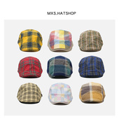 格子复古前进帽女日系古着辣妹风大头围鸭嘴帽英伦春夏季 贝雷帽男