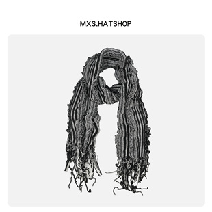 复古花边褶皱流苏围巾男女秋冬保暖小众黑白条纹千禧风针织围脖潮