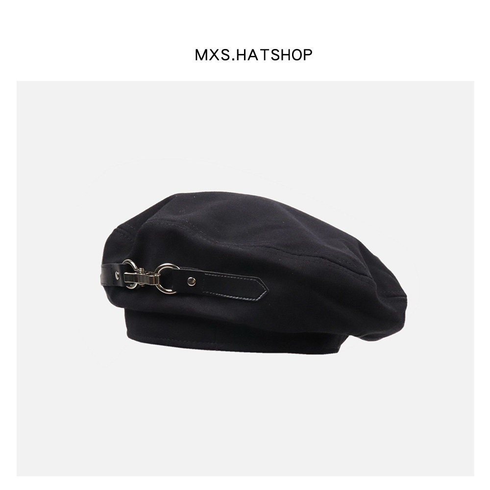 3自制黑色贝雷帽女ins皮扣设计款暗黑日系小众百搭英伦复古画家帽