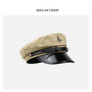 英伦复古朋克贝雷帽女生pu皮帽檐平顶海军风水手帽潮酷百搭画家帽