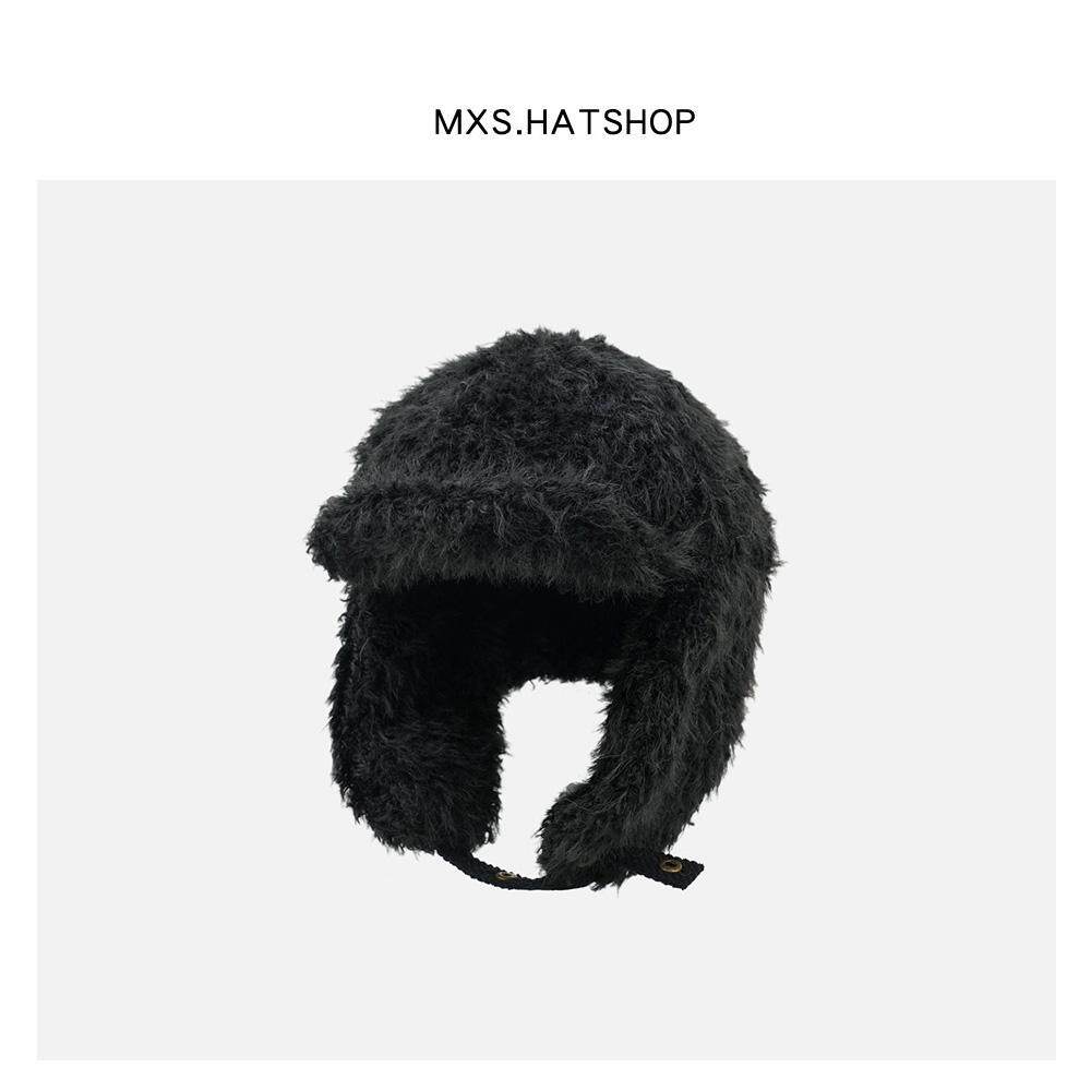 韩味日常百搭黑白灰色系雷锋帽男女休闲风加厚毛绒保暖护耳飞行帽