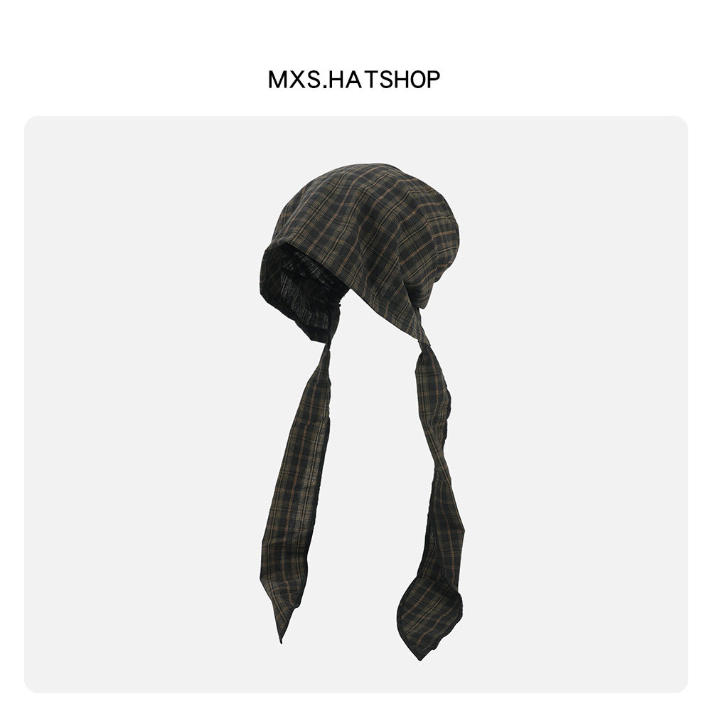 复古格纹绑带包头帽女春夏薄款透气百搭时尚套头帽百搭个性头巾帽