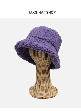 酷girl人手一顶~超显脸小羊羔毛绒渔夫帽子女冬加厚保暖紫色盆帽