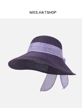 韵味紫色~蝴蝶结夏季防晒草帽女前长后短防风大檐出游沙滩遮阳帽
