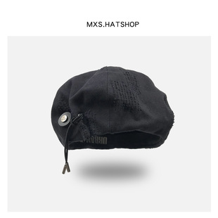 暗黑风八角贝雷帽子男女潮牌挂绳磨毛设计嘻哈街头时尚复古画家帽