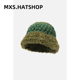 拼接混色毛绒渔夫帽女显脸小粗针织手工勾线冬季加厚保暖冷帽子潮