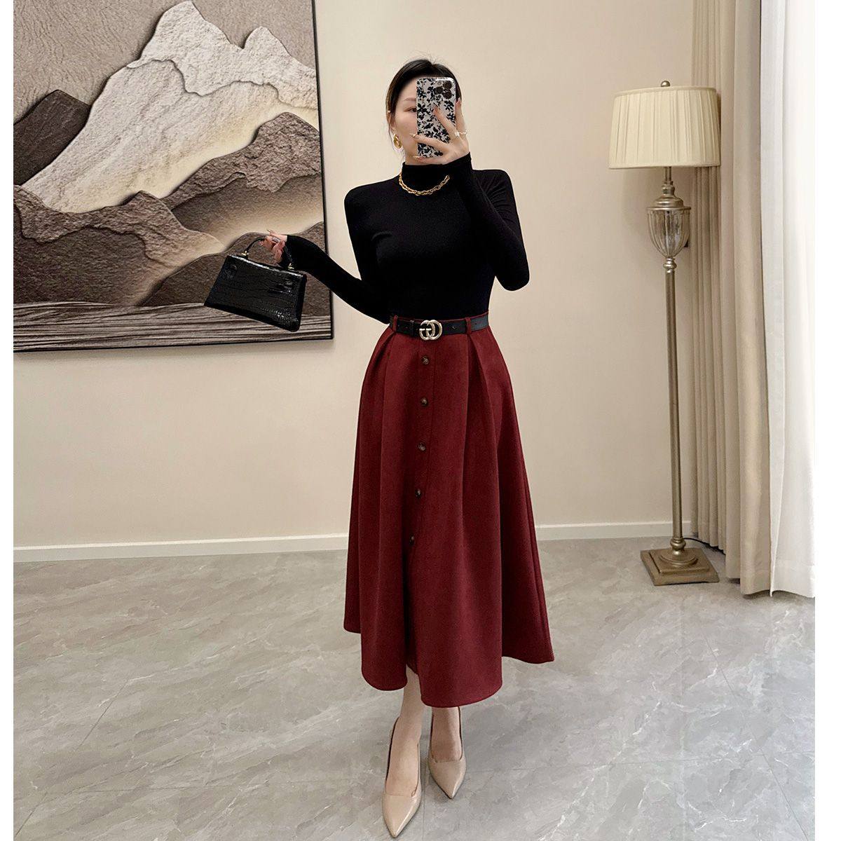 2025新款小香风套装高腰红色麂皮绒半身裙女针织打底衫套装A字裙,女装/女士精品,时尚套装,淘宝优惠券,粉丝福利购,淘宝优惠卷