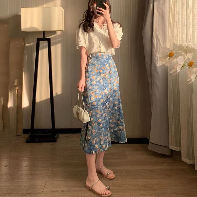 25夏季新款复古显瘦套装裙蕾丝上衣油画风碎花魚尾半身裙女两件套