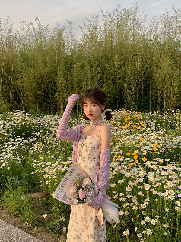 Real price ~ Korean soft Floral Chiffon suspender dress + thin knitted cardigan two piece set