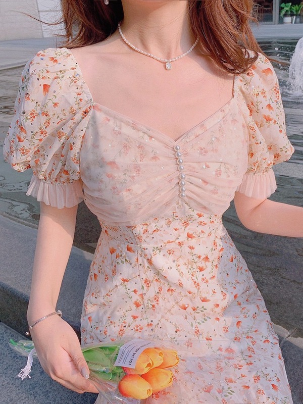 Zhang Xinzi Monet garden sweet dress French long new air Floral Dress