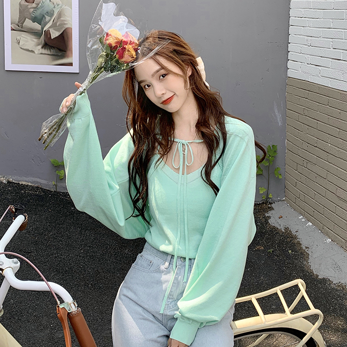 Real price ~ Korean loose design soft wind cardigan long sleeve T-shirt two piece set