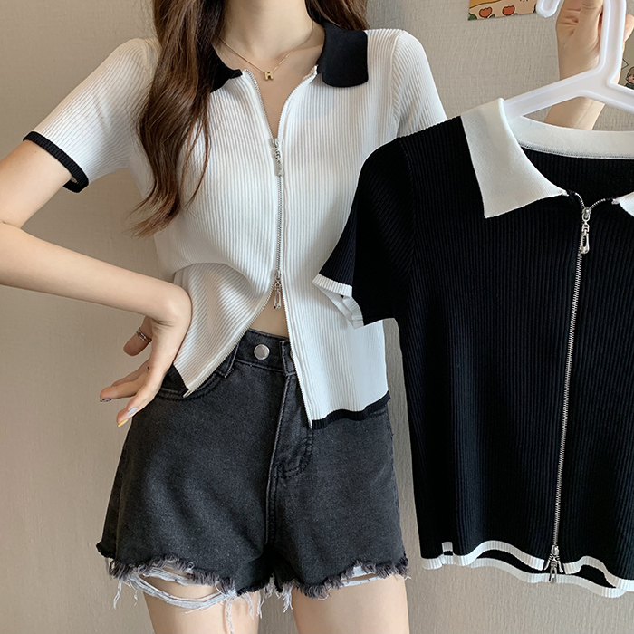 Real price ~ Korean slim and versatile color contrast polo collar short sleeve zipper knitted cardigan