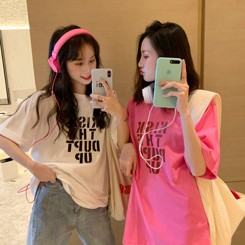 實拍實價~ 韓版寬鬆純色字母印花圓領短袖T恤上衣女