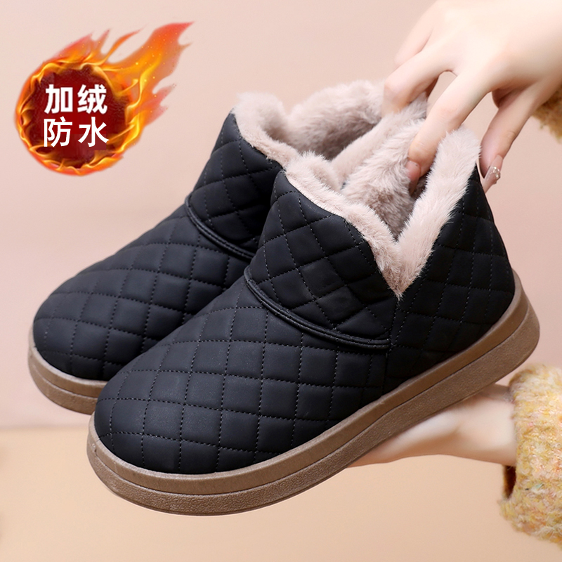 冬季新款老北京布鞋女棉鞋加绒加厚保暖防水皮面防滑雪地靴女厚底