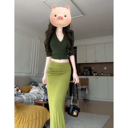 法式高级感V领短袖上衣开叉包臀长裙女装夏季修身显瘦气质两件套