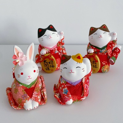日本药师窑彩绘和服招财猫满愿良缘健康大成就陶瓷车载摆件礼物