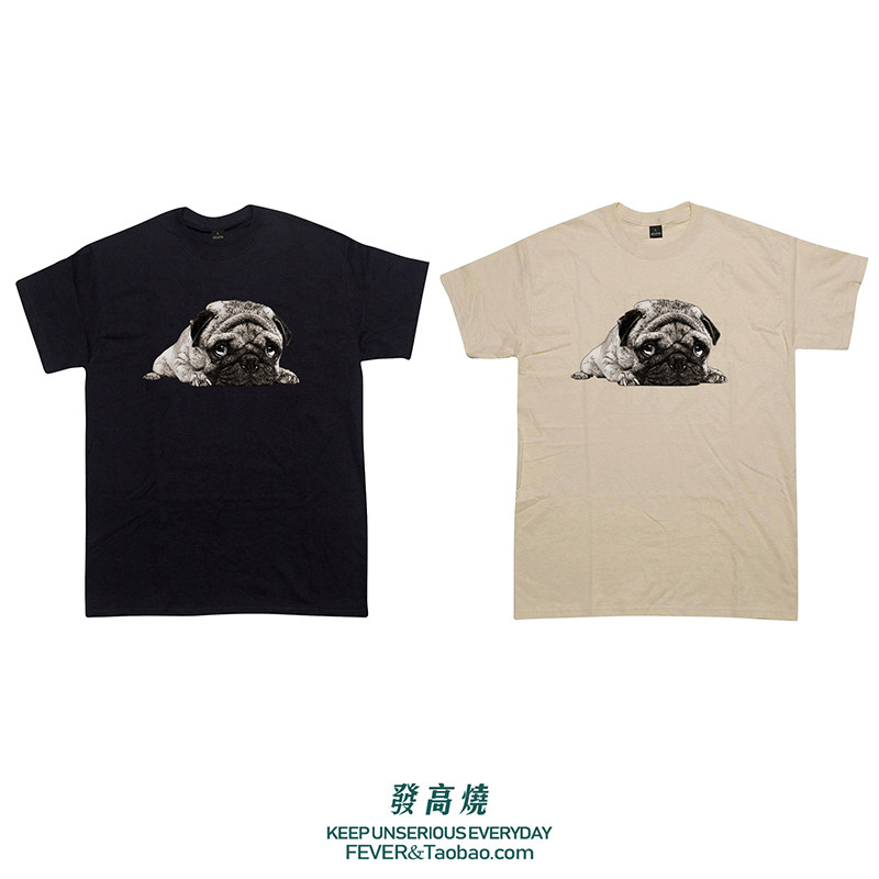 新款夏季潮牌街头风ins情侣装短袖T恤男女可爱八哥巴哥犬狗狗印花