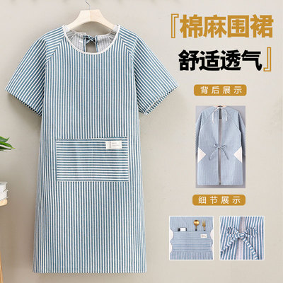 透气男女网红半袖棉麻围裙新款厨房家用烘焙餐饮防脏污工作服罩衣