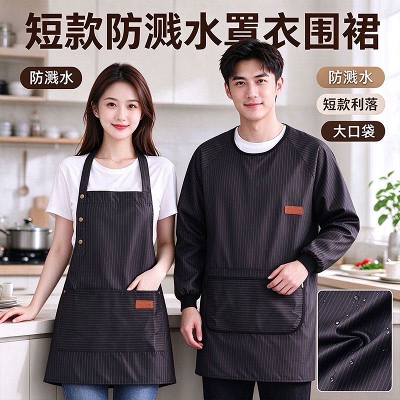餐厅短款长袖吊带防溅水围裙服务员工装奶茶店餐饮工作服女围腰