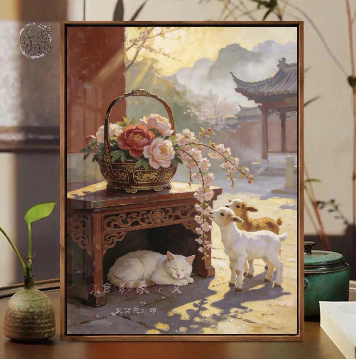 原创庭院猫咪十字绣新款高颜值中式牡丹花卉线绣客厅玄关diy刺绣