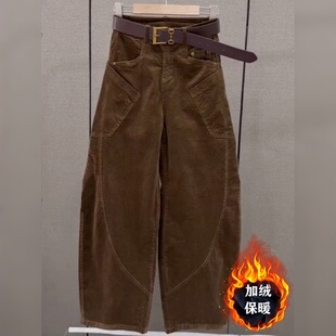 加绒萝卜裤 棕色灯芯绒弯刀裤 不规则高腰直筒裤 2026新款 子女秋冬季