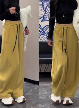 黄色加绒运动休闲卫裤女秋冬2026新款高腰抽绳束脚弯刀阔腿香蕉裤
