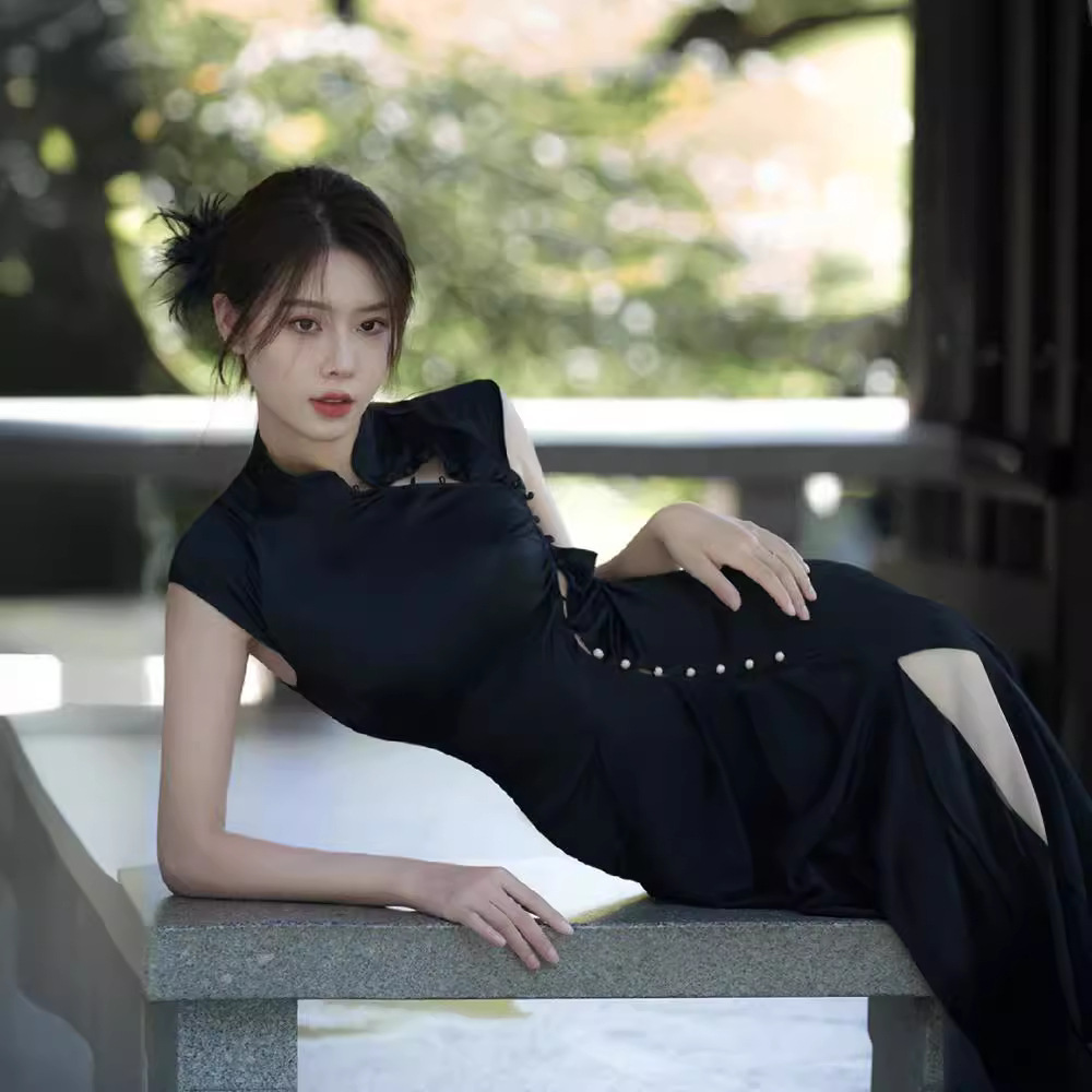 tz2587夏女2023新款高端精致气质感新中式国风旗袍黑色连衣裙