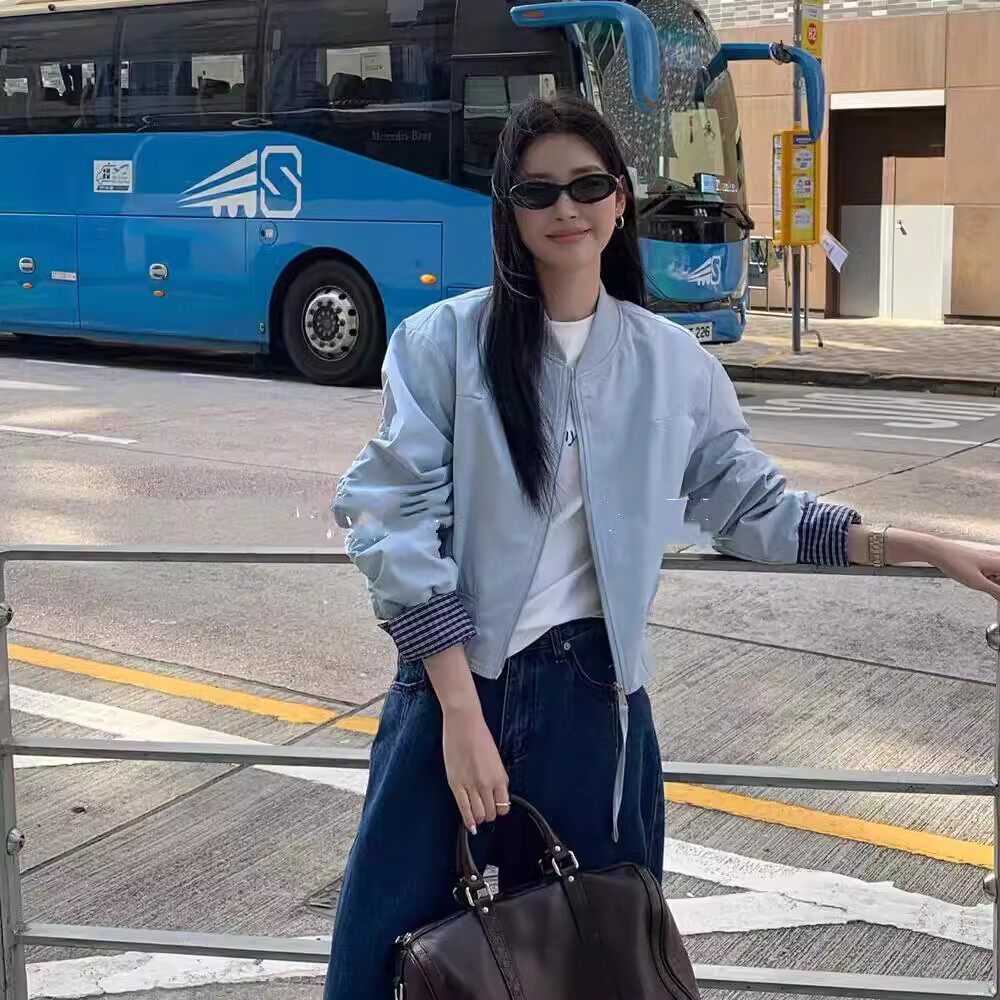 韩版蓝色拼接棒球服女短款春新