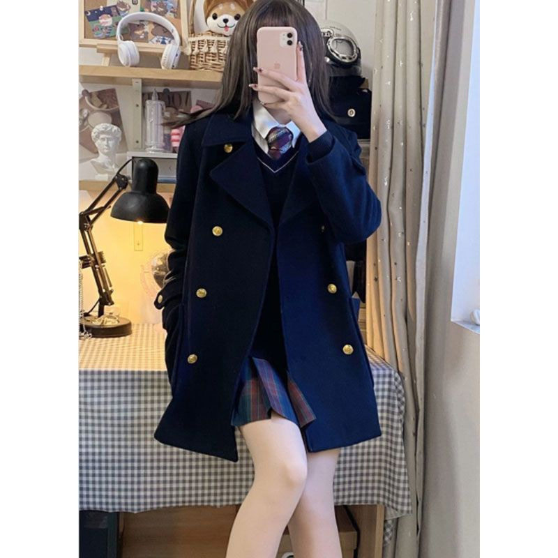秋冬季日系学院风校供感毛呢外套女jk制服双排扣百搭通勤呢子大衣