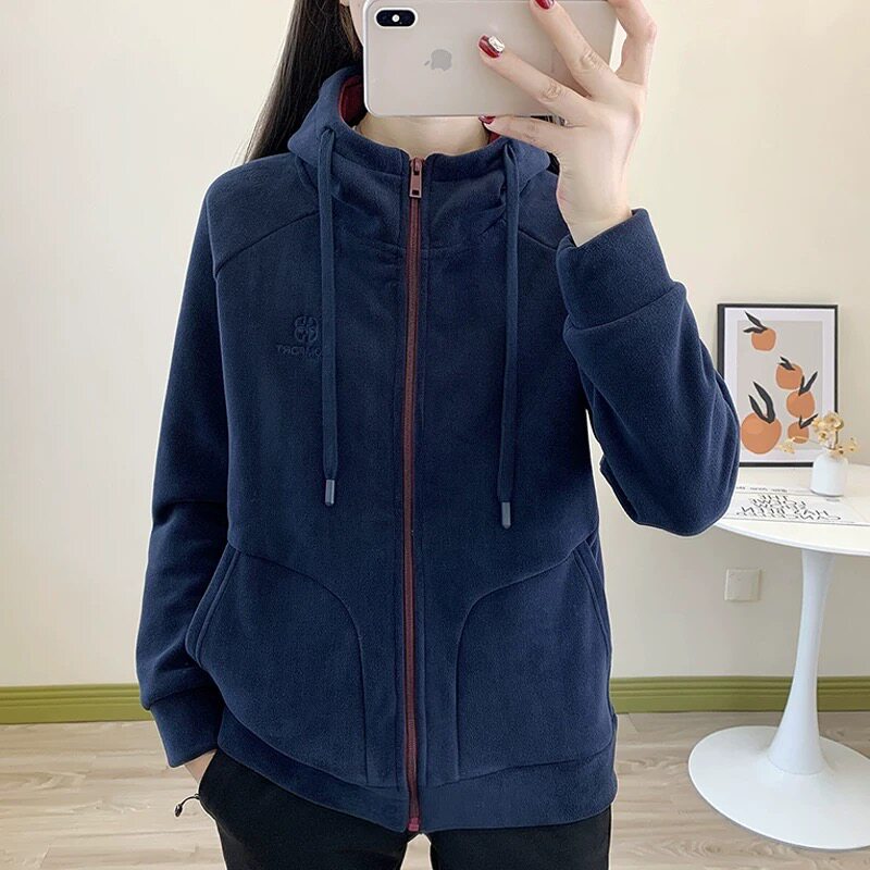 户外抓绒衣女秋冬季连帽开衫卫衣运动休闲宽松加绒保暖奥粒绒外套