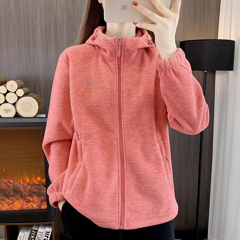 秋冬抓绒衣女款连帽加绒加厚双面绒宽松开衫外套户外运动跑步卫衣