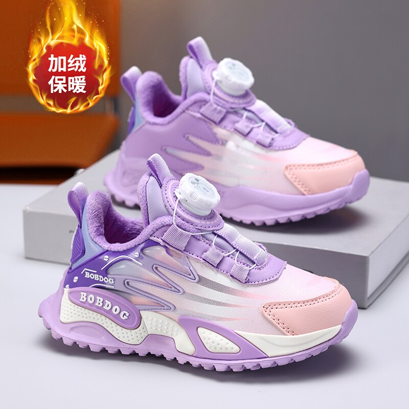 巴布豆女童冬季加绒二棉运动鞋保暖皮面防水轻便软底儿童跑步鞋子
