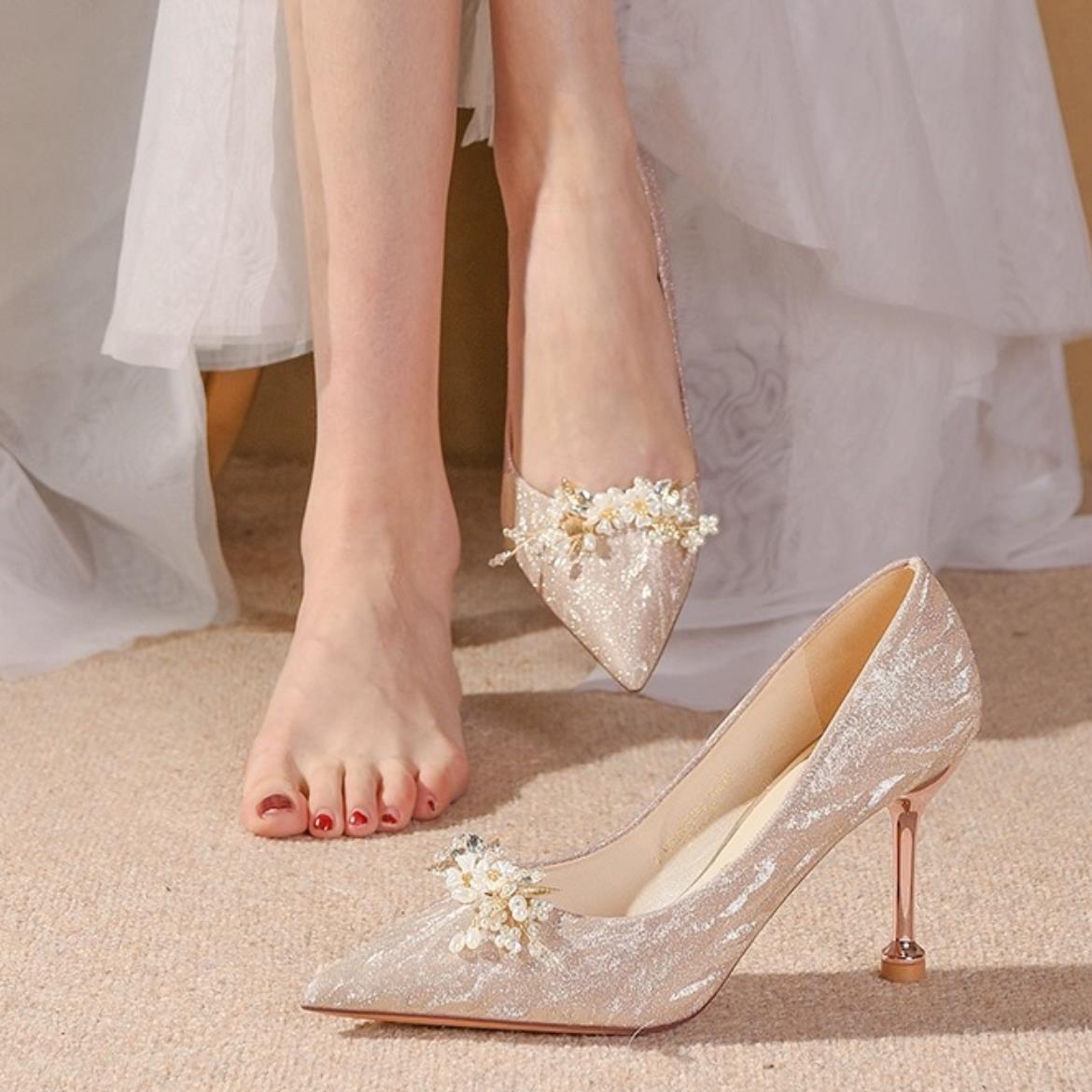 水晶鞋婚鞋女2024年新款香槟金色秀禾婚纱两穿不累脚新娘鞋礼服鞋