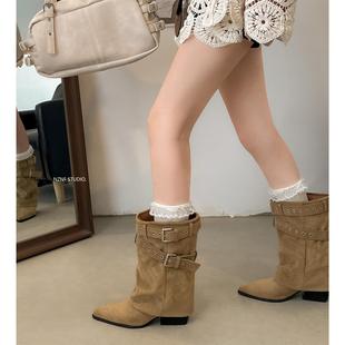 白色英伦风尖头粗高跟短靴女款2025新款秋季配裙子增高显瘦裤管靴