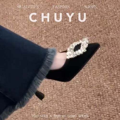 2025年新款法式水钻方扣工作高跟鞋配裙子黑色百搭绒面职业单鞋女