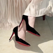 漆皮黑色尖头职业软皮性感单鞋 红底高跟鞋 女细跟2023年春秋新款 女