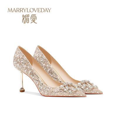 绝美高跟鞋女婚鞋禾秀婚纱新娘婚礼银色敬酒法式金色结婚水晶单鞋