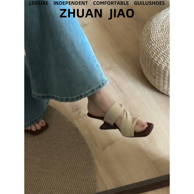 羊皮版！法式复古绒面一字带坡跟凉鞋女夏外穿方头露趾高跟凉拖鞋