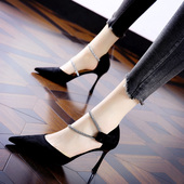 磨砂浅口尖头高跟鞋 优雅魔术贴水钻中空细跟单鞋 女2024年春季 新款