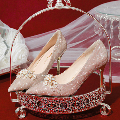 秋冬水晶婚鞋2023新款高跟香槟色银色高级感婚纱秀禾服伴娘礼服鞋