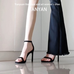 sw黑色一字带凉鞋女款2025新款夏季外穿时尚高级感真皮细跟高跟鞋