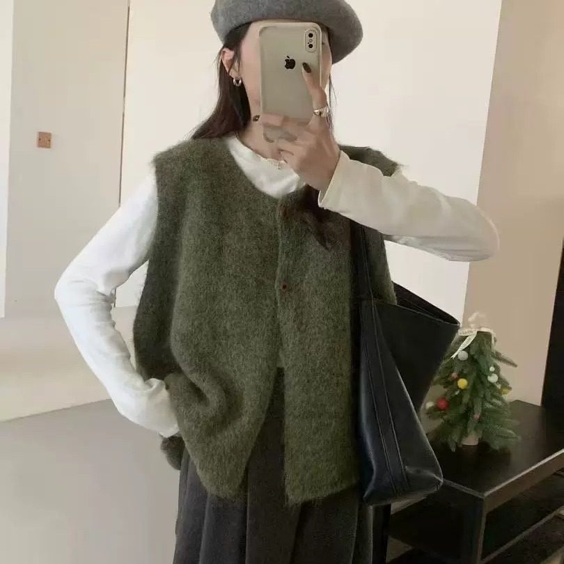2025新款小个子日系复古针织马甲背心女春季圆领毛衣坎肩马夹外套