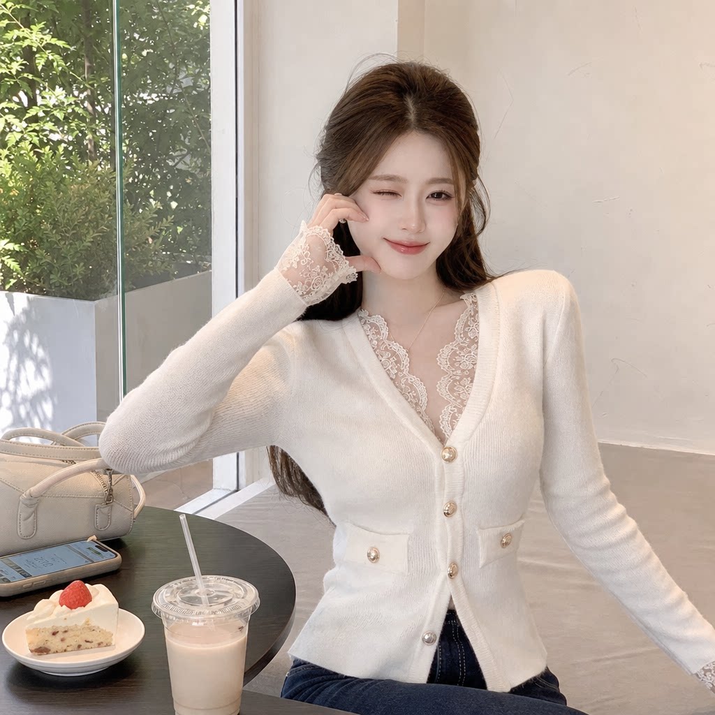 纯欲蕾丝深V修身显瘦针织开衫