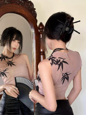 新中式国风竹子印花透明网纱背心女夏季新款小众设计短款无袖上衣