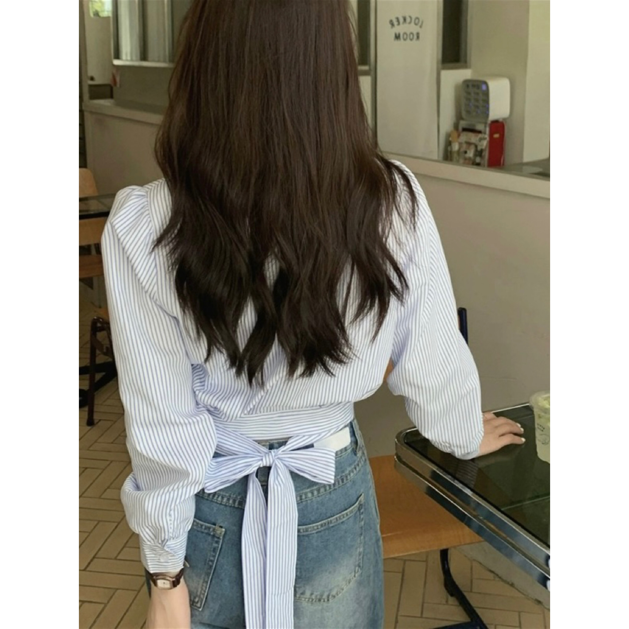 韩系chic甜辣高腰设计感小众条纹衬衫女秋季2023新款别致上衣女装