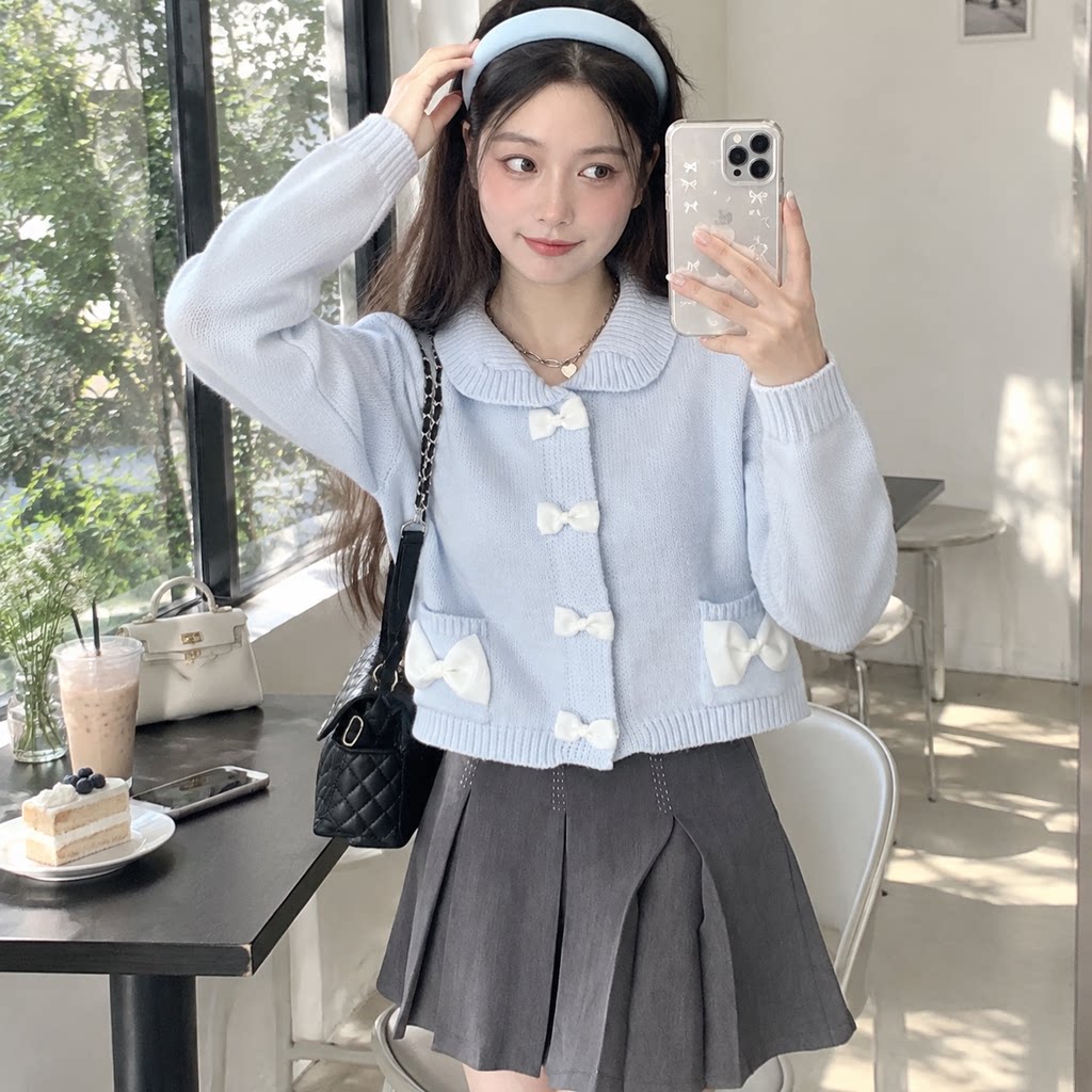 春秋女娃娃领蝴蝶结针织开衫